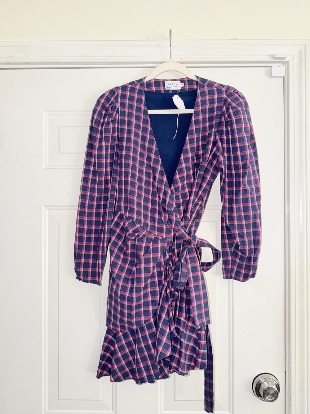Tanya Taylor navy pink plaid wrap dress ruffle hem long sleeve size Sz 4